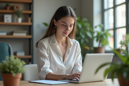Jeune femme concentrée travaillant sur son ordinateur dans un espace de coworking lumineux