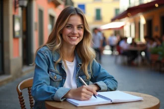 Jeune femme souriante dans un café en plein air en Espagne
