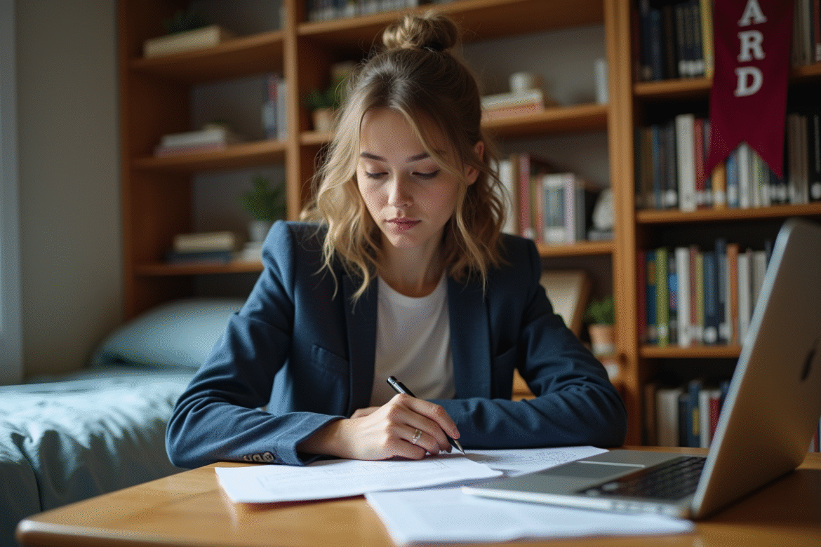 Jeune femme en étude à Harvard dans une chambre étudiante
