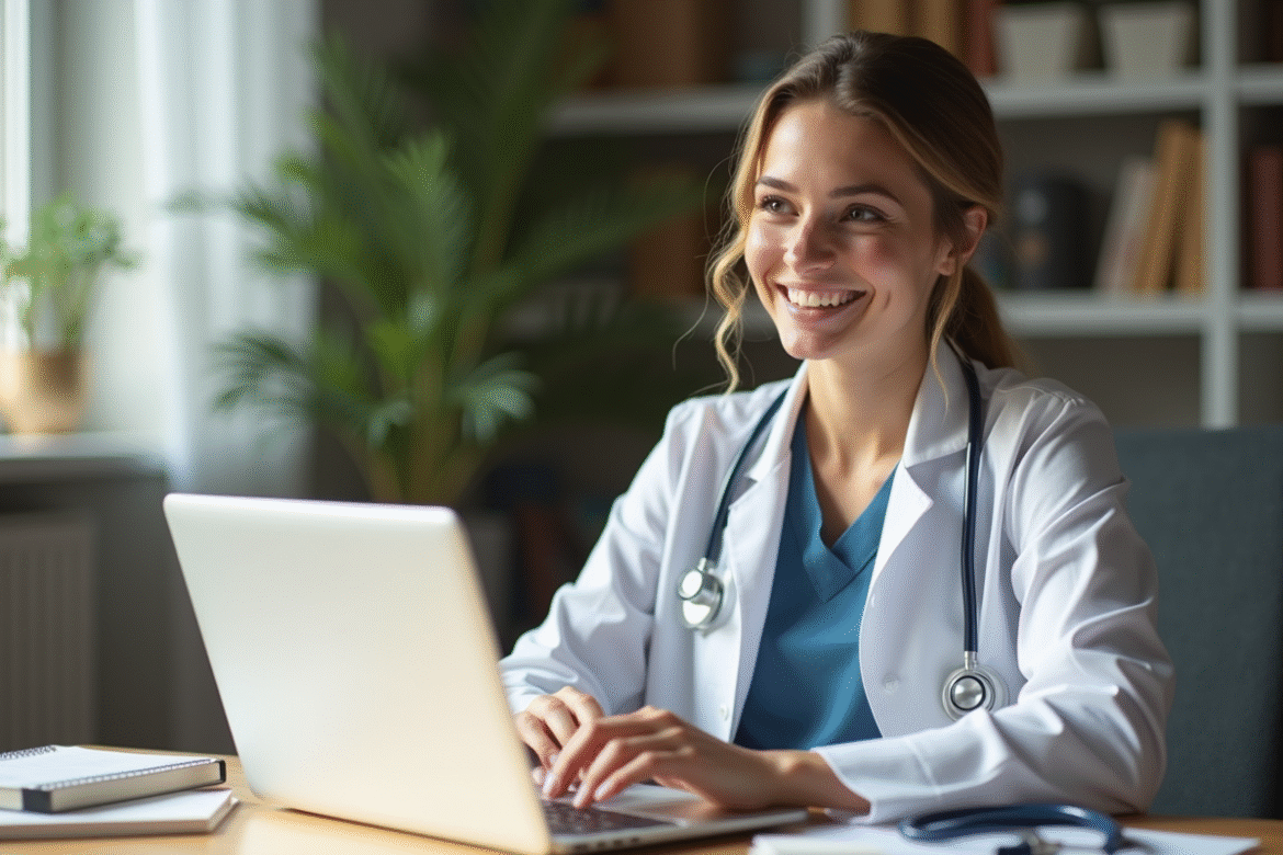 Jeune femme souriante étudiant à la maison avec livres et stethoscope