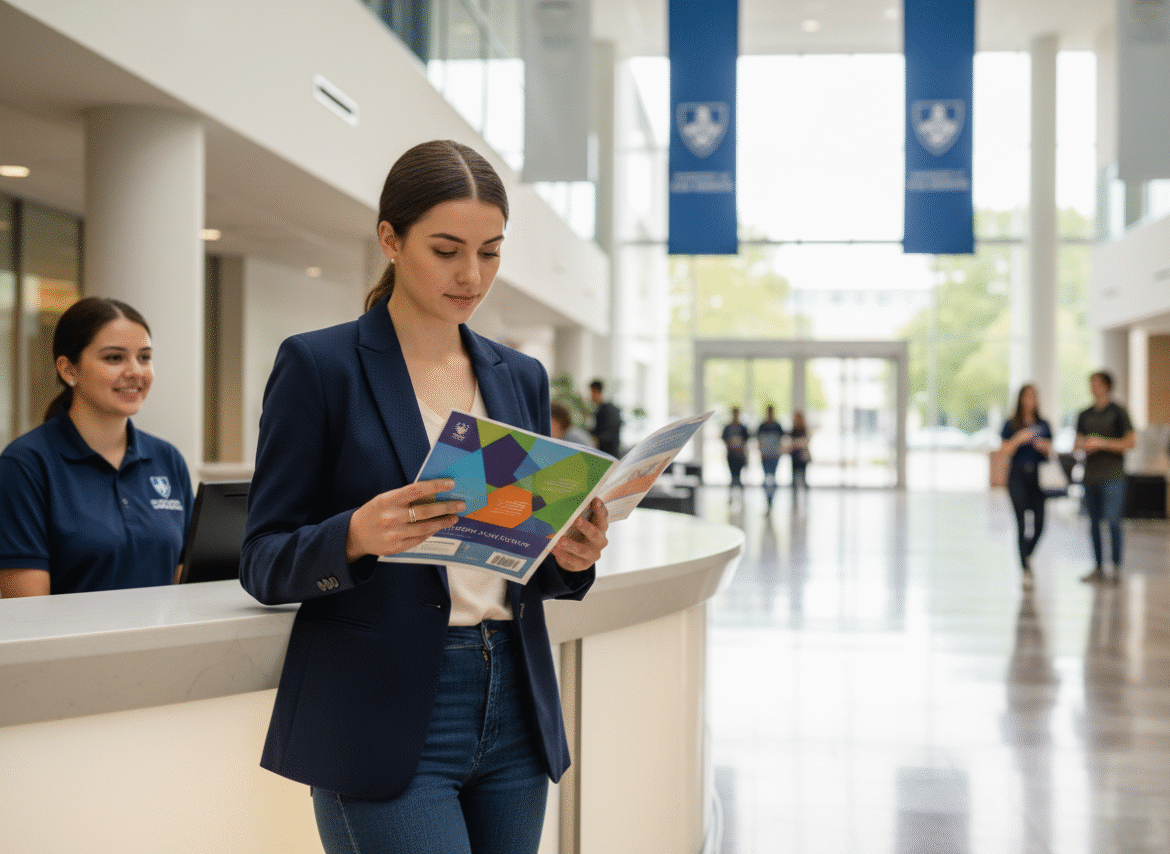 Jeune femme en blazer examine brochure universitaire