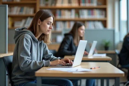 Jeune femme concentrée sur son ordinateur dans une salle d'étude universitaire