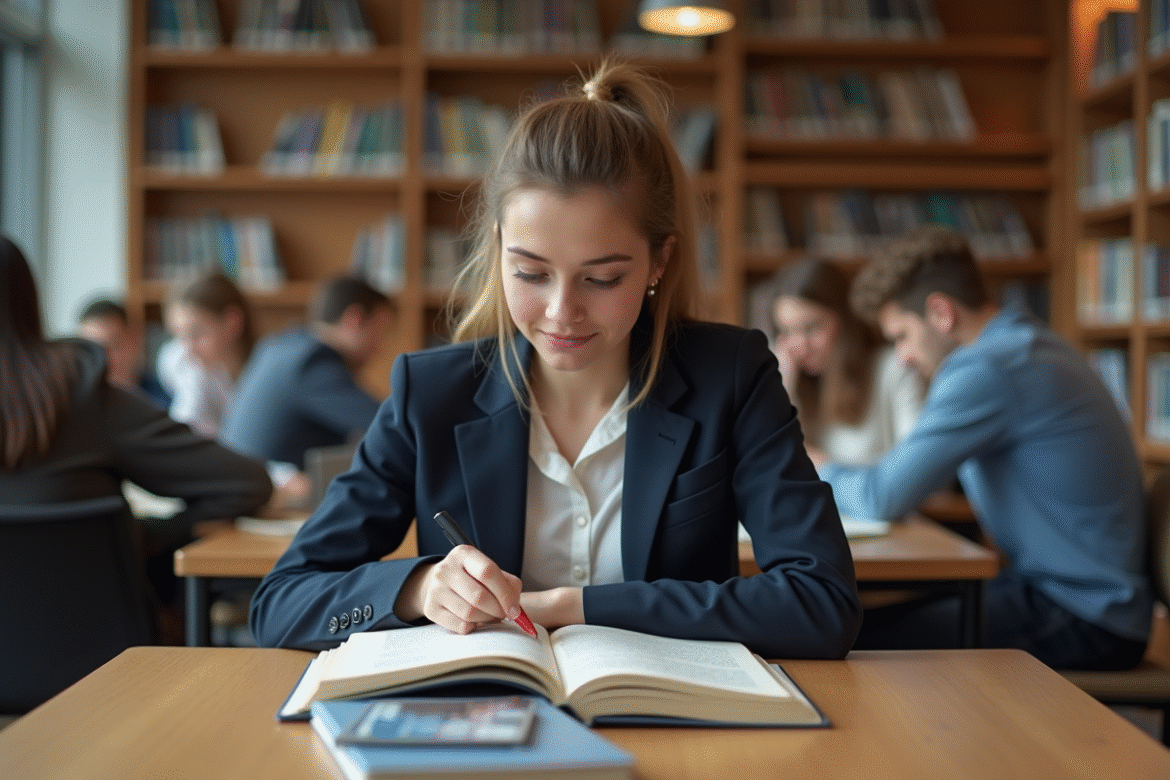 Jeune femme lisant un livre de finance à la bibliothèque universitaire