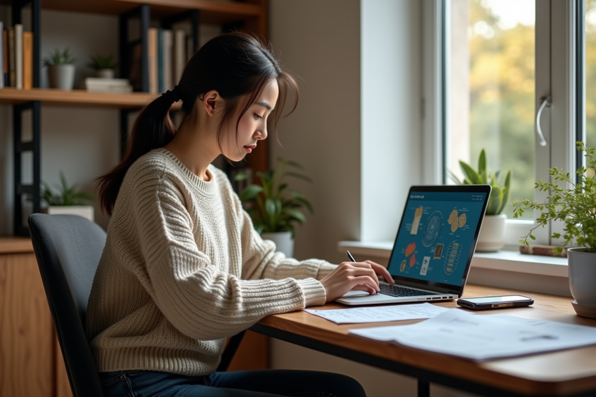 Jeune femme concentrée sur un ordinateur avec diagrammes AI dans un bureau