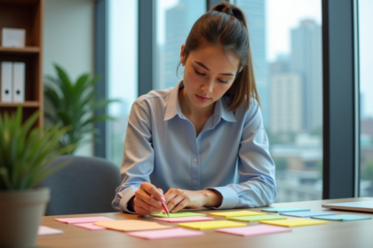 Jeune femme organisée avec des notes colorées sur un bureau moderne
