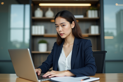 Femme professionnelle assise à son bureau en ville