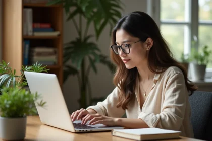 Jeune femme regardant ses résultats d'examen sur ordinateur