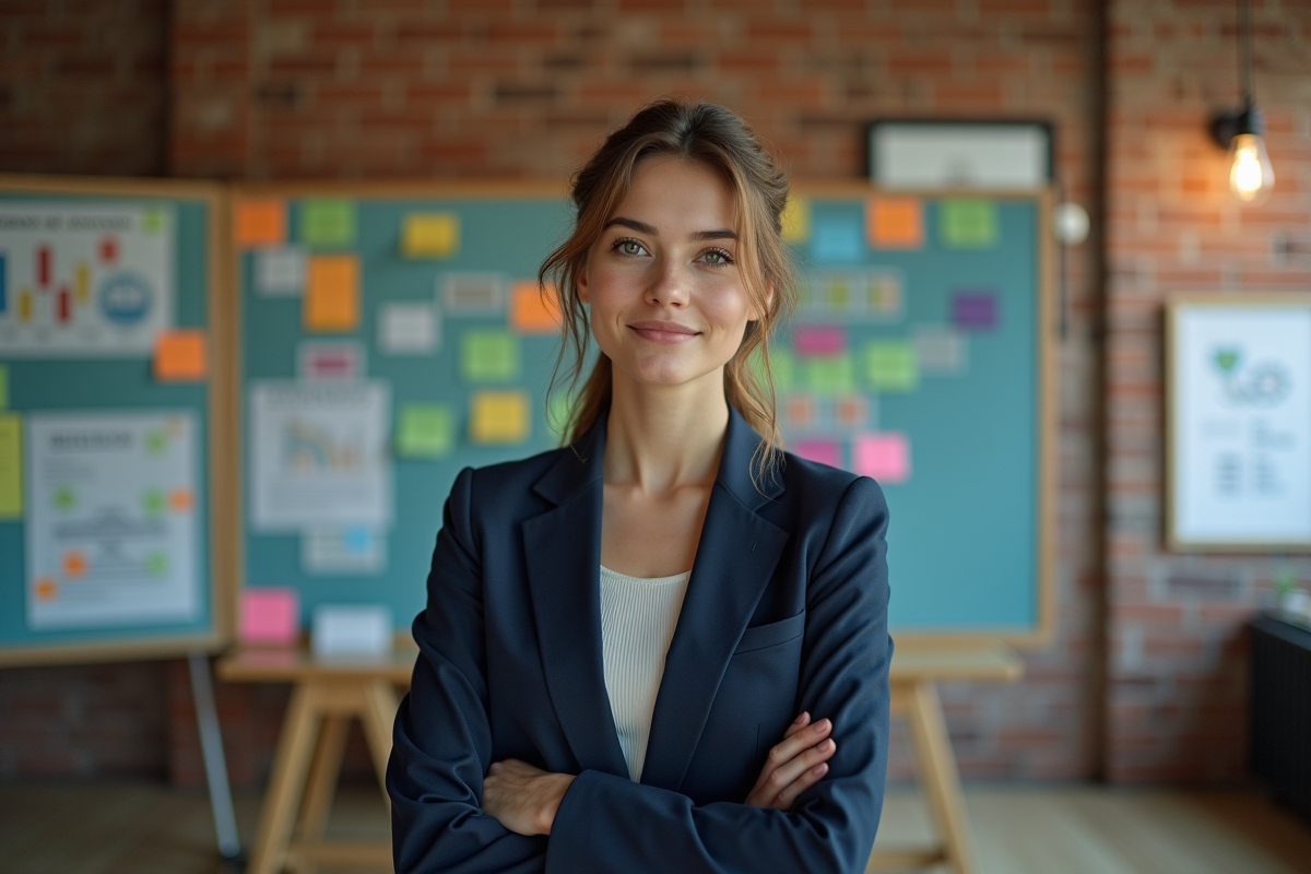 Jeune femme devant un tableau de stratégie coloré