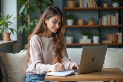 Jeune femme concentrée sur son ordinateur portable à la maison