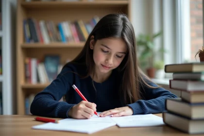 Jeune fille concentrée en train d'écrire en français à son bureau