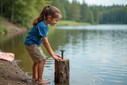 Jeune fille curieuse au bord du lac observant des matériaux flottants