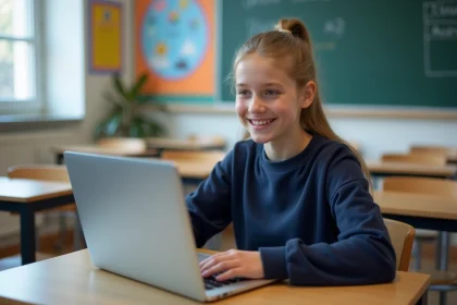 Jeune fille souriante en sweatshirt bleu devant un ordinateur