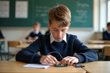 Jeune garçon de 14 ans assemble un circuit électronique en classe
