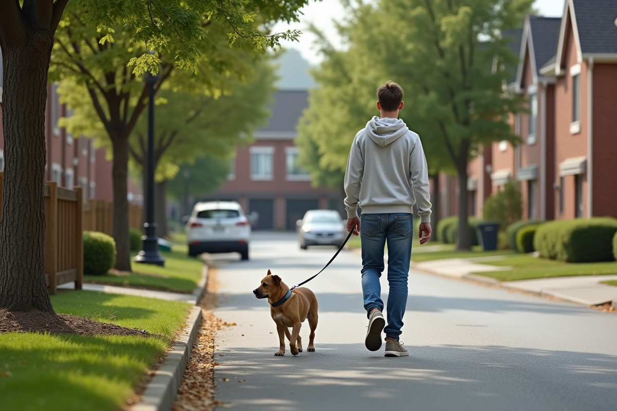 Jeune homme avec chien dans rue de banlieue tranquille