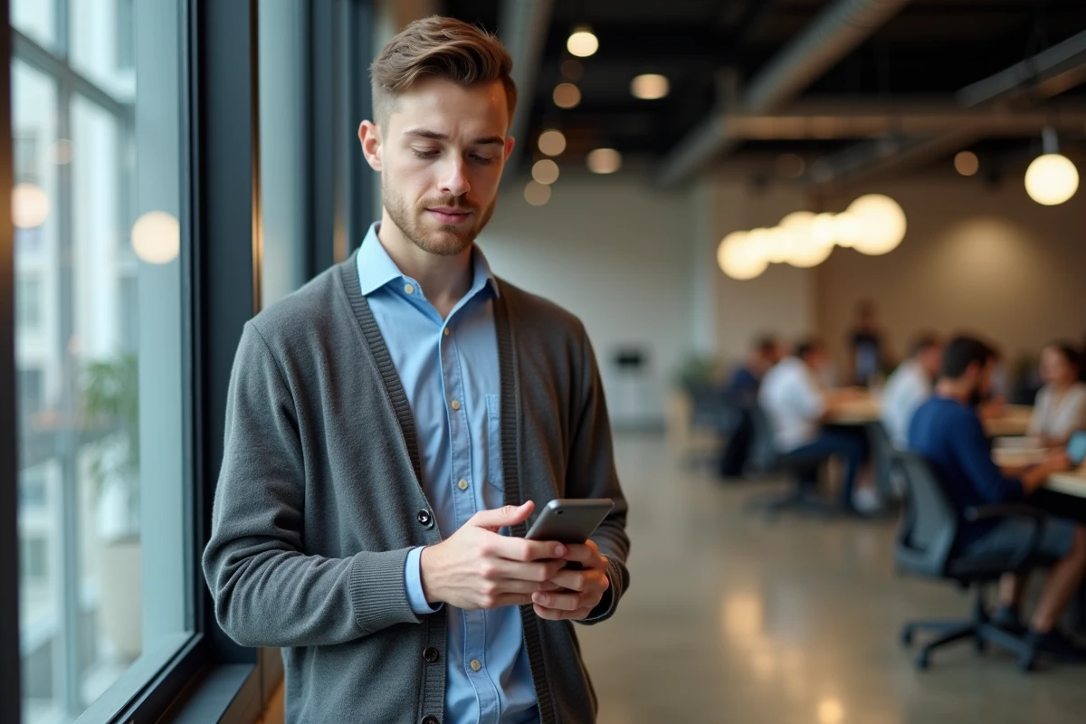 Jeune homme dans espace coworking utilisant son smartphone