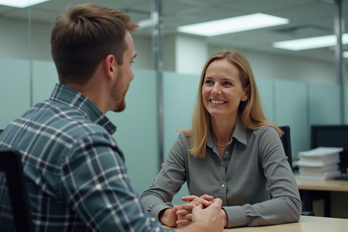 Jeune homme parlant avec une agente administrative