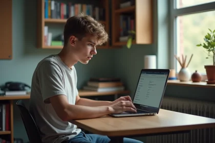 Jeune homme attentif vérifiant ses réglages réseau sur son ordinateur dans une chambre étudiante