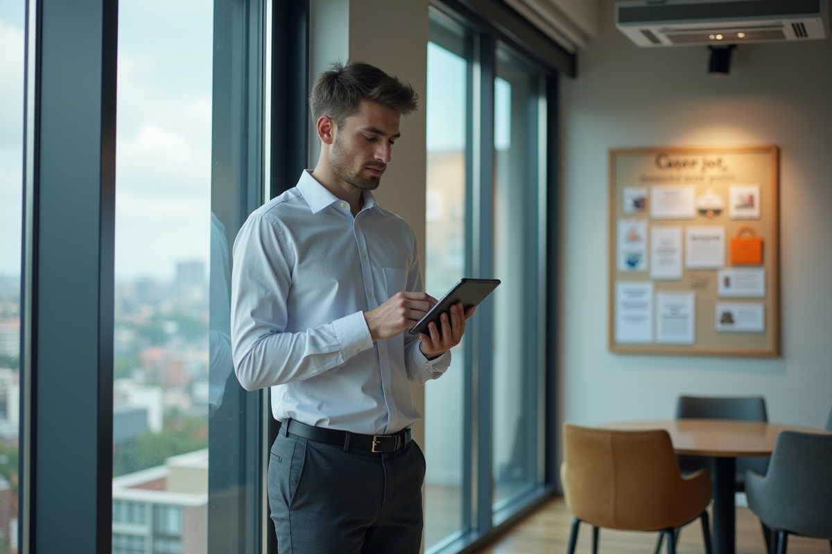Jeune homme cherchant des offres d emploi sur une tablette dans un espace de coworking