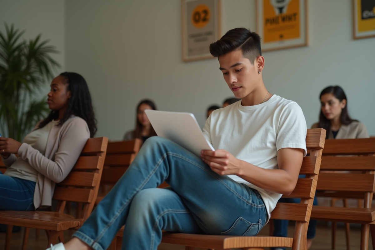 Jeune homme lisant script dans salle d