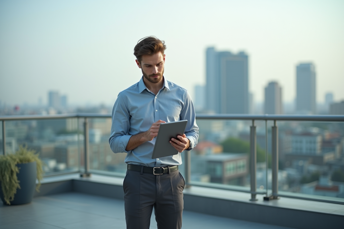 Jeune homme vérifiant son CV sur une tablette en extérieur