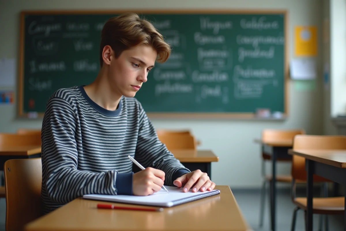 Étudiant français en classe prenant des notes de grammaire