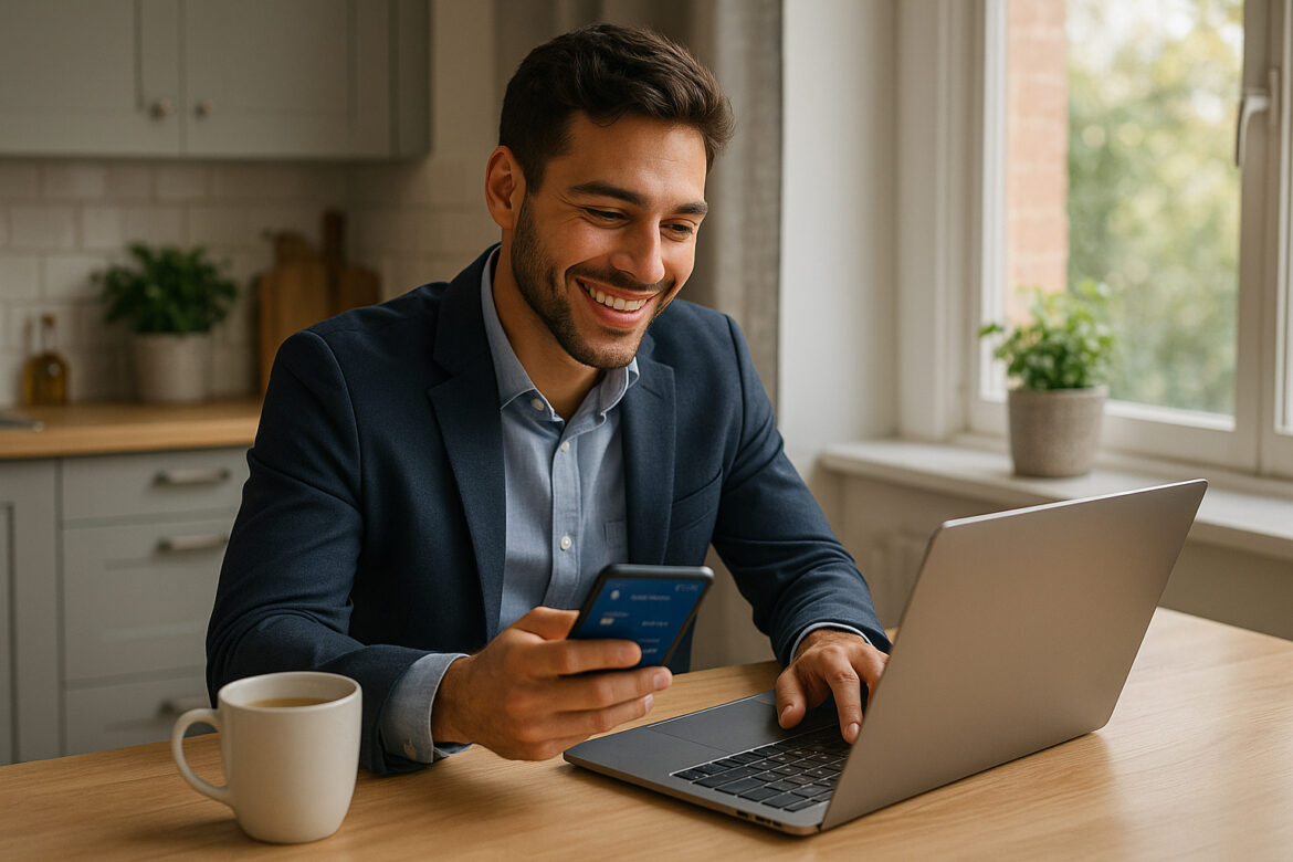 Jeune professionnel utilisant banque en ligne à la maison