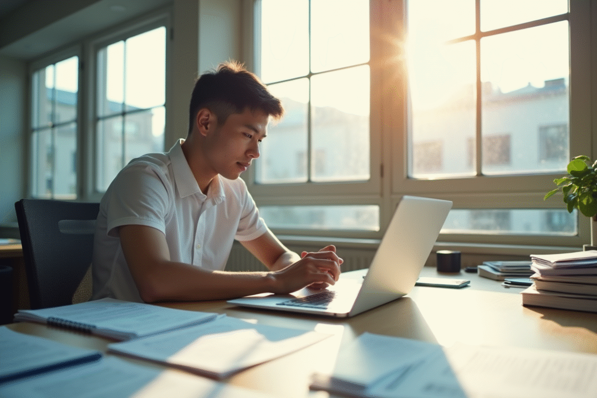 Jeune professionnel indépendant travaillant à un bureau lumineux