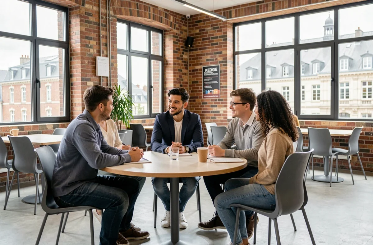 Groupe d'étudiants en discussion dans l'espace coworking du campus KEDGE Business School de Reims