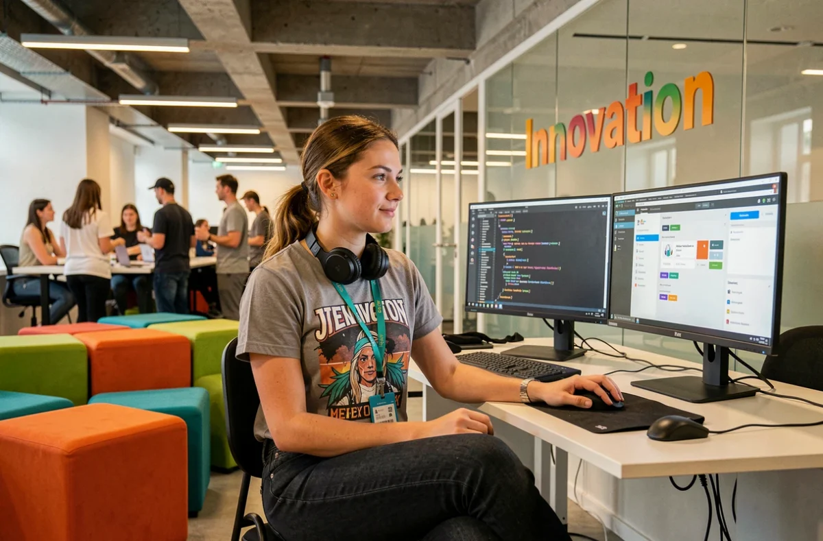 Étudiante en formation numérique devant des écrans de code dans les locaux du Lille Ynov Campus