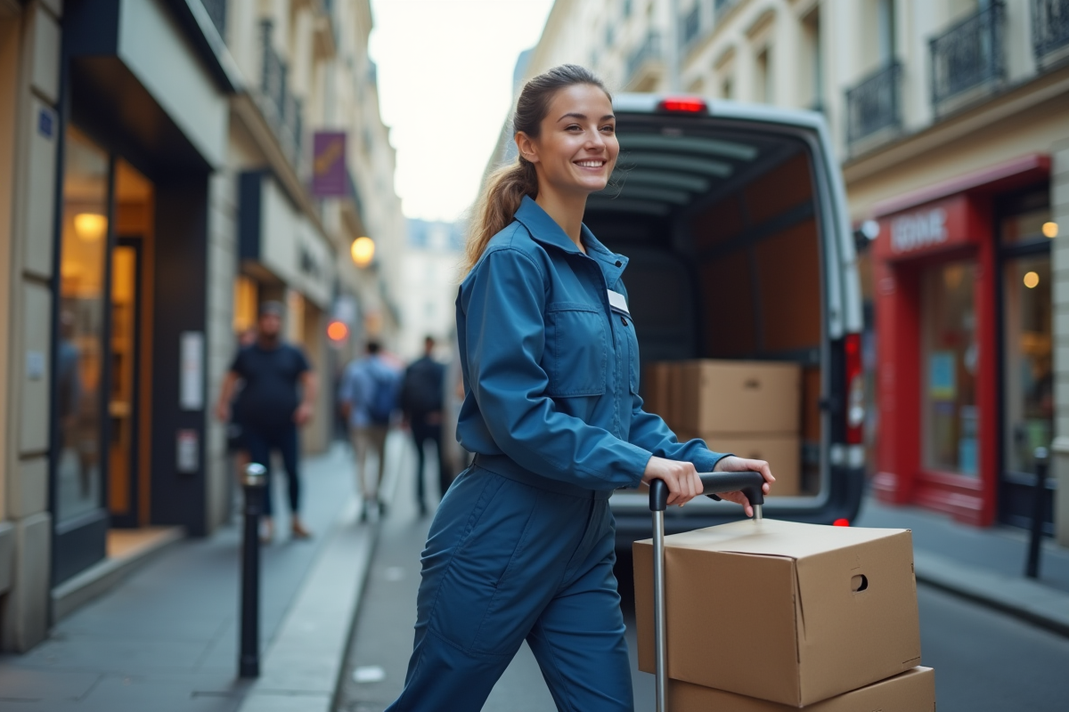 Jeune femme livrant des colis dans une rue parisienne
