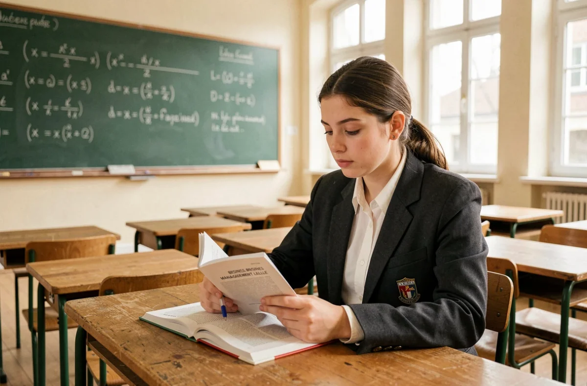 Lycéenne en alternance lisant un manuel de gestion dans une salle de classe traditionnelle du lycée Gaston Berger à Lille
