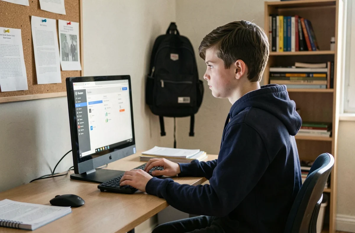 Un lycéen se connecte à son espace numérique scolaire Monlycée PSN depuis son bureau, illustrant l'utilisation quotidienne des données personnelles en milieu éducatif
