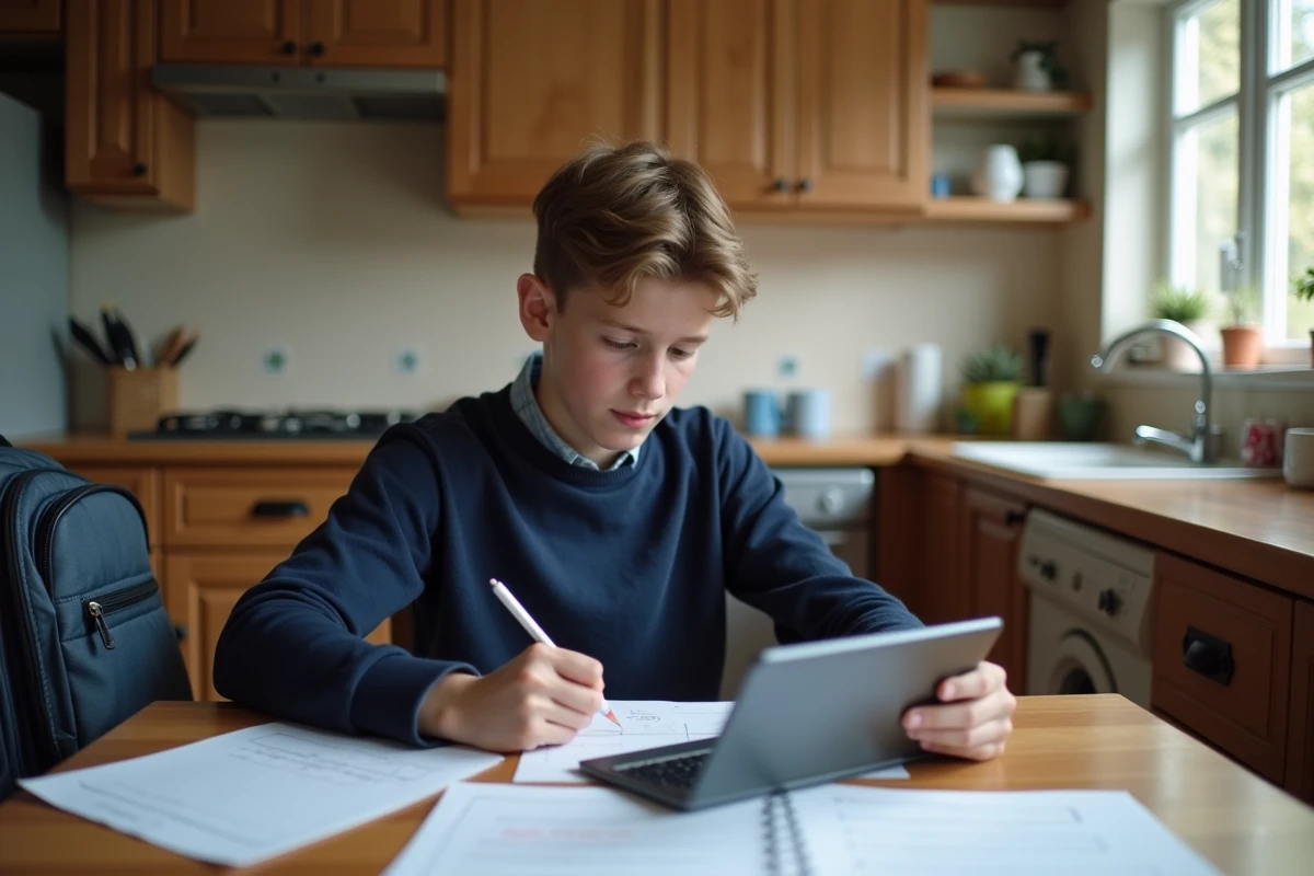 Lycéen consultant un espace élève en ligne sur tablette avec ses notes de cours à la maison