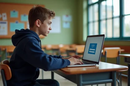 Lycéen connecté pour la première fois sur l'ENT de son lycée depuis une salle de classe