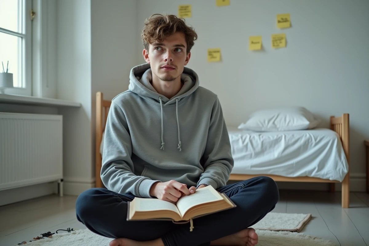 Lycéen révisant une dissertation philosophique sur la vérité dans sa chambre avec des livres de philosophie et un cahier de notes