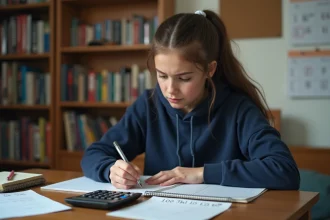 Lycéenne calculant sa moyenne générale avec coefficients sur un bureau encombré de notes et d'un bulletin scolaire