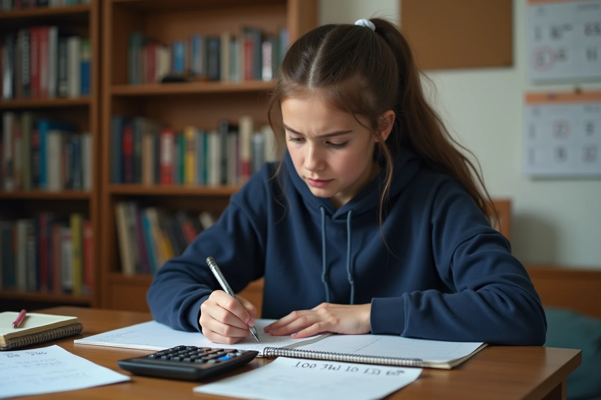 Lycéenne calculant sa moyenne générale avec coefficients sur un bureau encombré de notes et d'un bulletin scolaire