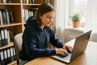 Lycéenne connectée à l'ENT college78 sur son ordinateur portable dans sa chambre au début de l'année scolaire