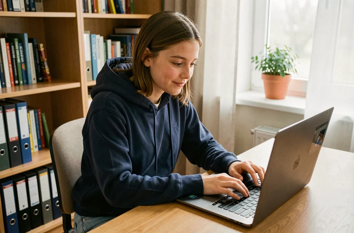 Lycéenne connectée à l'ENT college78 sur son ordinateur portable dans sa chambre au début de l'année scolaire