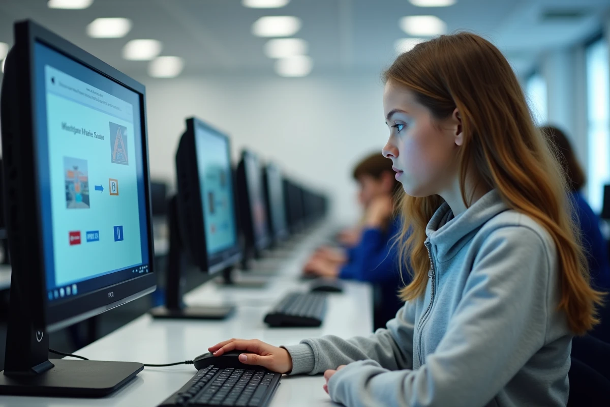 Lycéenne passant l'examen ASSR2 sur ordinateur dans une salle informatique scolaire