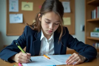 Lycéenne en terminale STMG annotant une fiche mémo de tableau de caractérisation pour réviser le Bac 2026