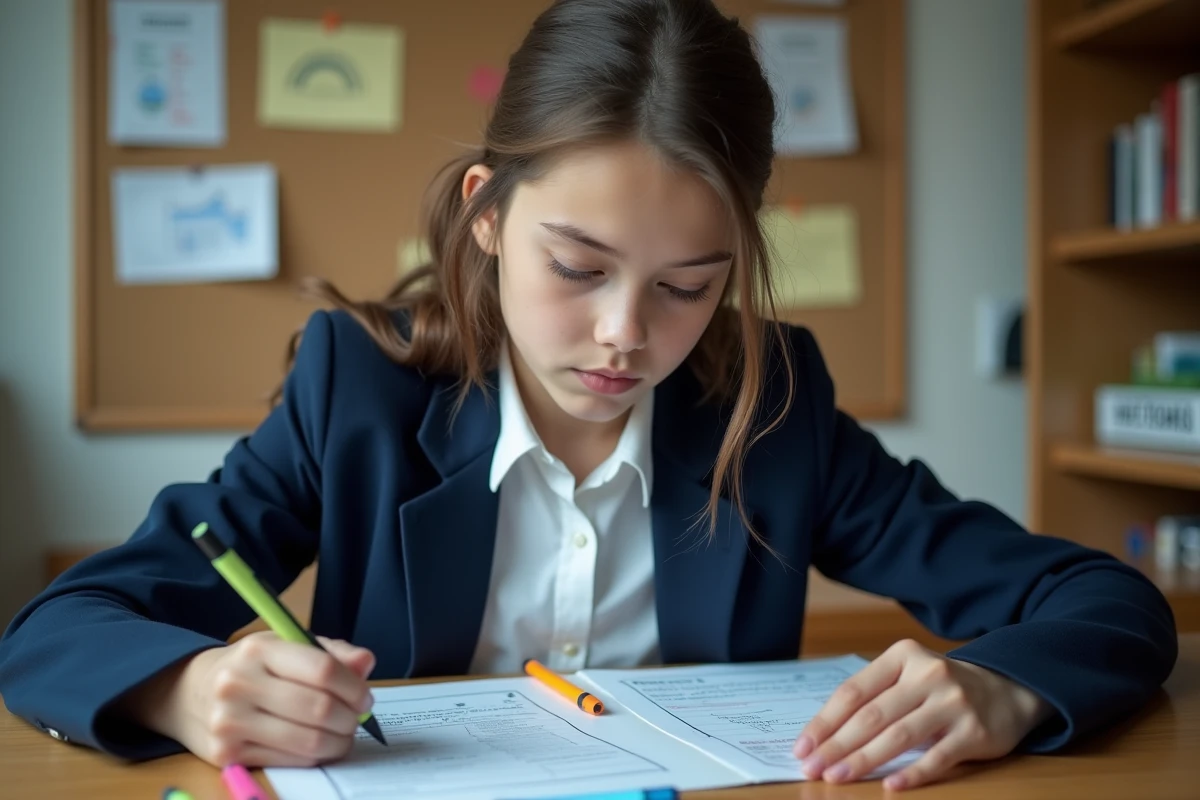 Lycéenne en terminale STMG annotant une fiche mémo de tableau de caractérisation pour réviser le Bac 2026