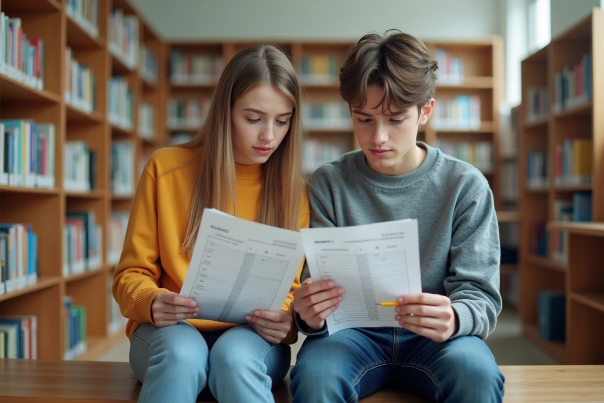 Deux lycéens comparant leurs bulletins scolaires et calculant leurs moyennes générales avec coefficients dans une bibliothèque