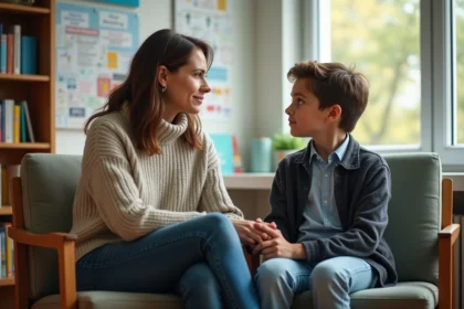 Mère attentive avec son fils à l'école dans un bureau accueillant