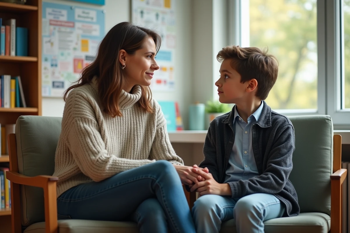 Mère attentive avec son fils à l'école dans un bureau accueillant