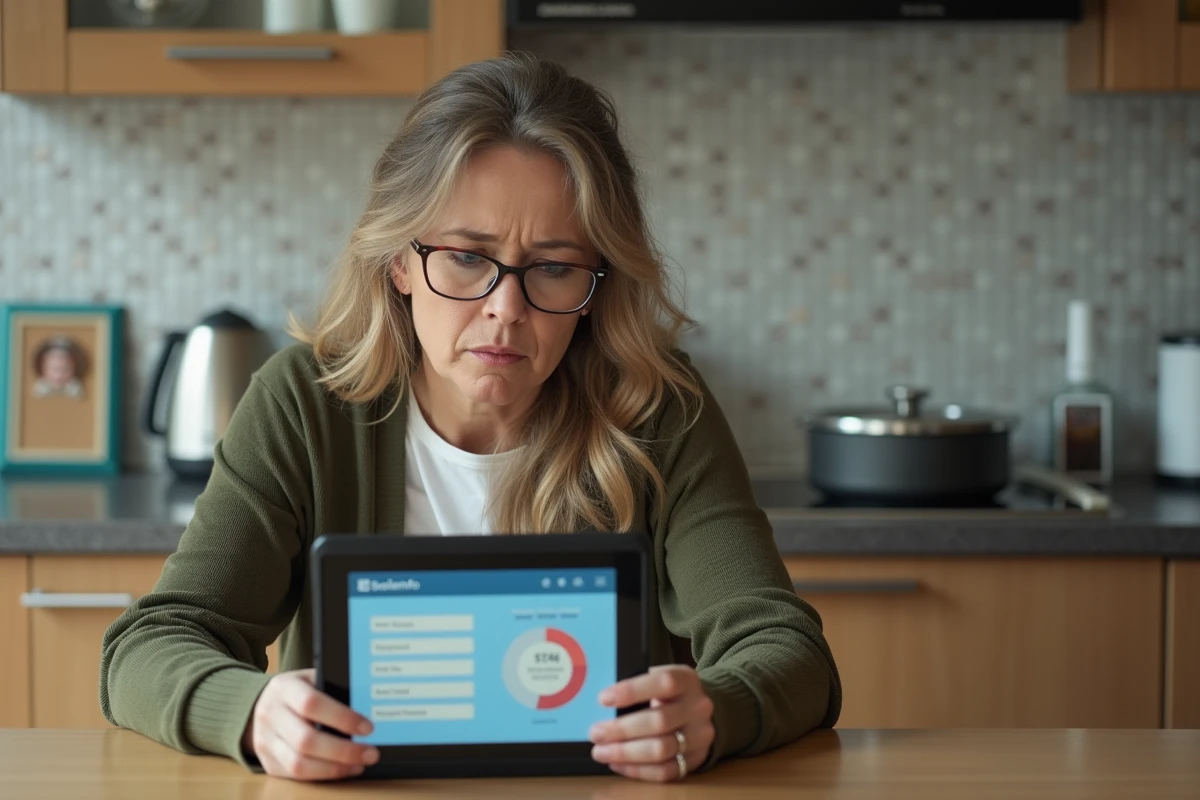 Maman consulte le suivi scolaire sur une tablette dans la cuisine