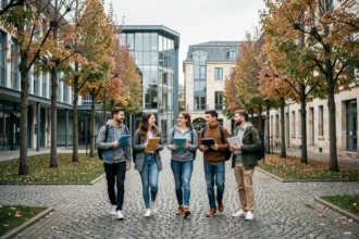 Étudiants marchant sur un campus universitaire du Grand Est, avec des bâtiments académiques modernes en arrière-plan