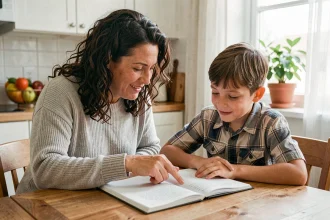 Une mère aide son fils à réviser ses leçons à la table de cuisine, illustrant le suivi scolaire quotidien des parents