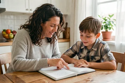 Une mère aide son fils à réviser ses leçons à la table de cuisine, illustrant le suivi scolaire quotidien des parents