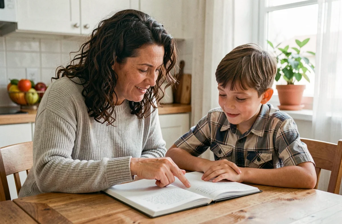 Une mère aide son fils à réviser ses leçons à la table de cuisine, illustrant le suivi scolaire quotidien des parents